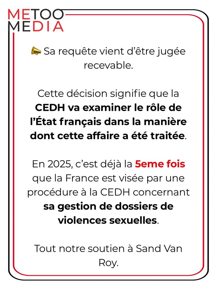 🇪🇺 La Cour européenne se penche sur l’affaire Luc Besson

Après le non-lieu prononcé en France dans la plainte pour viols de l’actrice Sand Van Roy contre le réalisateur Luc Besson, celle-ci a saisi la Cour européenne des droits de l’homme (CEDH).

Elle estime que l’enquête menée en France a été incomplète et que son intégrité physique et morale n’a pas été respectée.

📣 Sa requête vient d’être jugée recevable.

Tout notre soutien à @sandvanroy

https://www.mediapart.fr/journal/france/040825/la-cour-europeenne-se-penche-sur-l-affaire-luc-besson