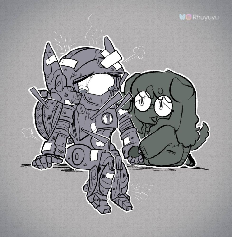 A bespectacled long-haired woman with dog ears and a tail comforts a bandaged and damaged robot, Auto Vajin from Kamen Rider Faiz, who appears to be in distress.