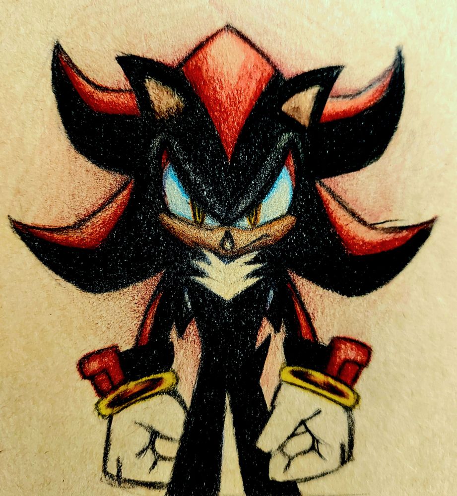 Shadow the hedgehog is walking towards the viewer with a scowl on his face and one of his hands in front of his legs and one hand in the back. 