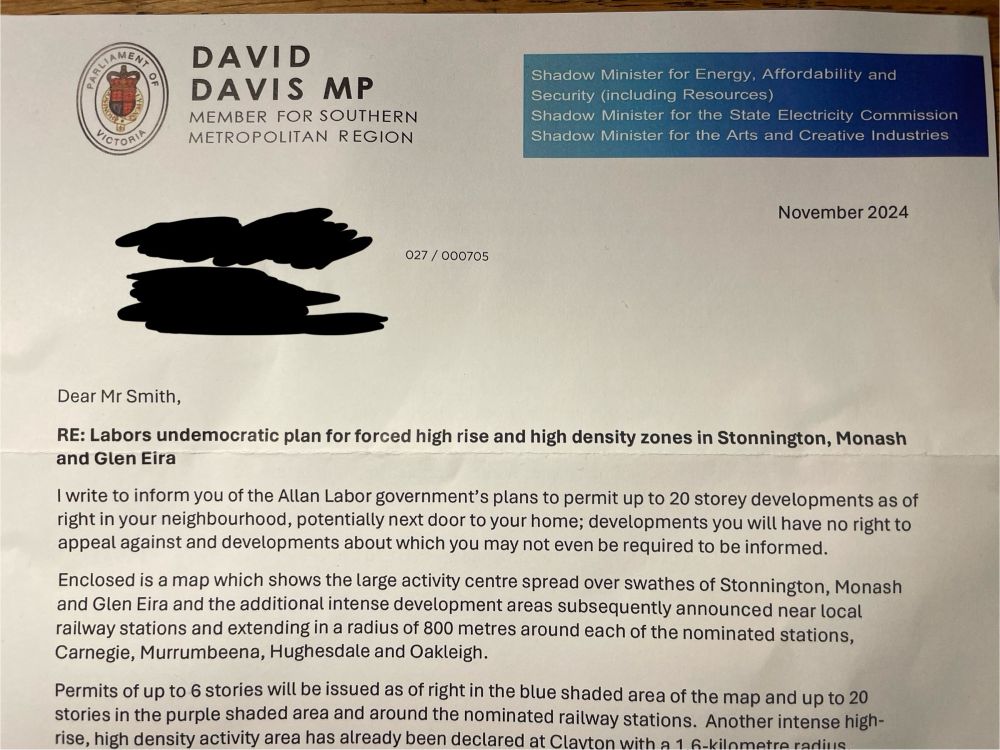 Letter from David Davis MP hyperbolically lamenting Labor’s proposed activity centre and housing plan in the south east of Melbourne. 