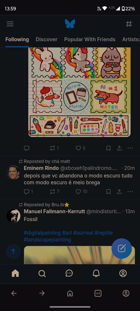 print do Blusky. Entre duas imagens há o texto " depois que vc abandona o modo escuro tudo com moda escura é meio brega"