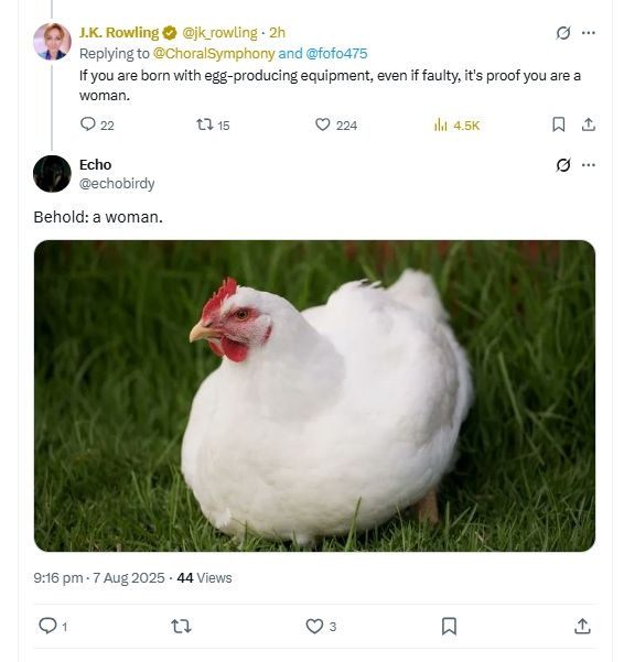 Jk Rowling asking what is a WOMAN un transphobic ways and got a response of a Chicken 