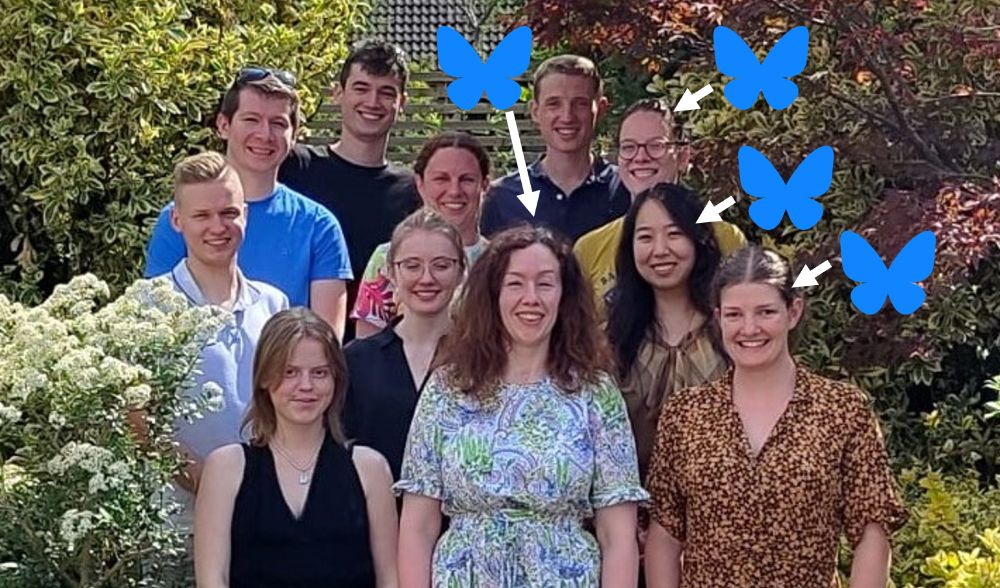 Group photo of Borrill lab team with 4 bluesky account holders indicated by bluesky butterfly icon. 