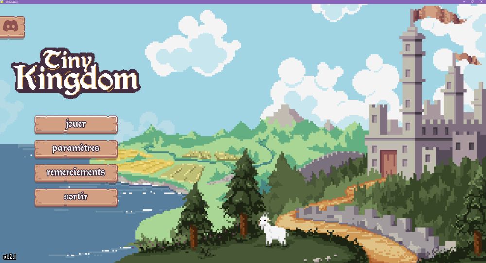 l'écran d'accueil de Tiny Kingdom est composé d'un paysage en pixel art partagé entre mer à gauche et terre à droite. une petite chèvre paît dans une forêt non loin d'un chemin de terre menant à un château surplombant des champs qui s'étendent au pied de montagnes en fond derrière lesquelles flottent des nuages blancs. Le menu du jeu est posé par dessus sur la gauche du paysage, recouvrant une partie du ciel et de la mer, chaque bouton ressemble à une planche de bois stylisée 
