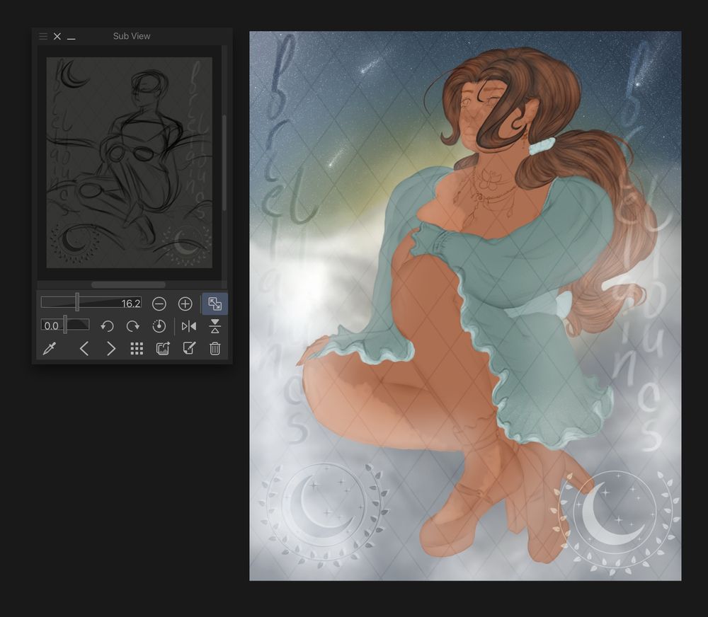 Image of a full-body WIP beside the original sketch in sub view in CLIPSTUDIO PAINT.