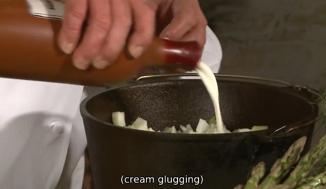 A recipe that calls for "a little heavy cream", but the subtitle correctly denotes the cream is "glugging" into the pot. The word "little" in this context means nothing, apparently.