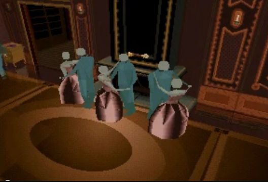 A screenshot from a video game features pixelated characters in suits and ball gowns dancing.