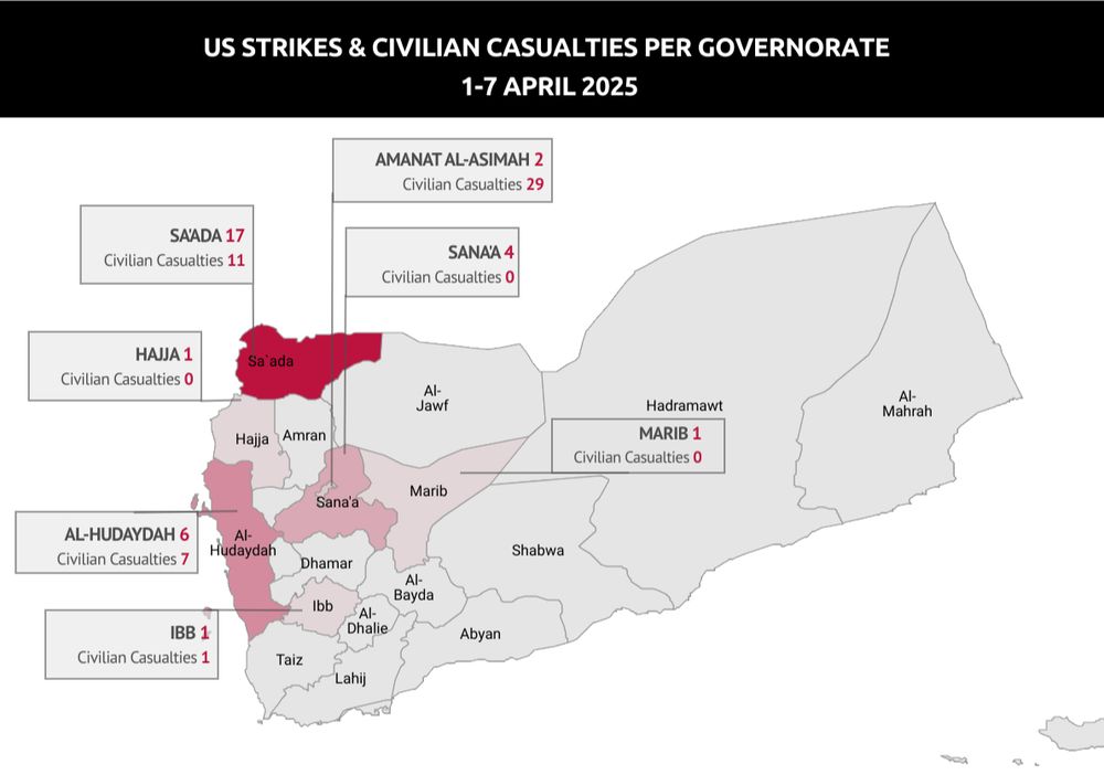 A map for Yemen showing the number of US strikes and civilian casualties per governorate over the period of 1-7 April 