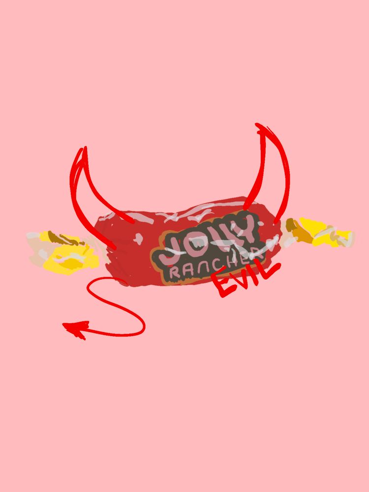 digital line drawing of red jolly rancher, with devil horns and devil tail added, "evil" scratched next to the label 
