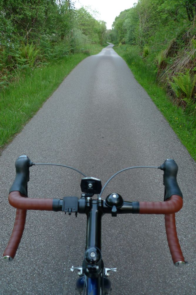 A view of a road over the top of bicycle handlebars 