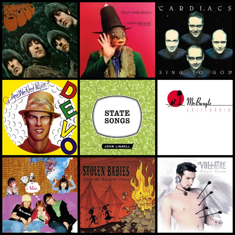 A 9 by 9 Topsters music chart, listing the following records:
The Beatles - Rubber Soul
Captain Beefheart - Trout Mask Replica
Cardiacs - Sing to God
Devo - Q: Are We Not Men? A: We Are Devo!
John Linnell - State Songs
Mr. Bungle - California
PUFFY - NICE.
Stolen Babies - There Be Squabbles Ahead
Voltaire - Almost Human