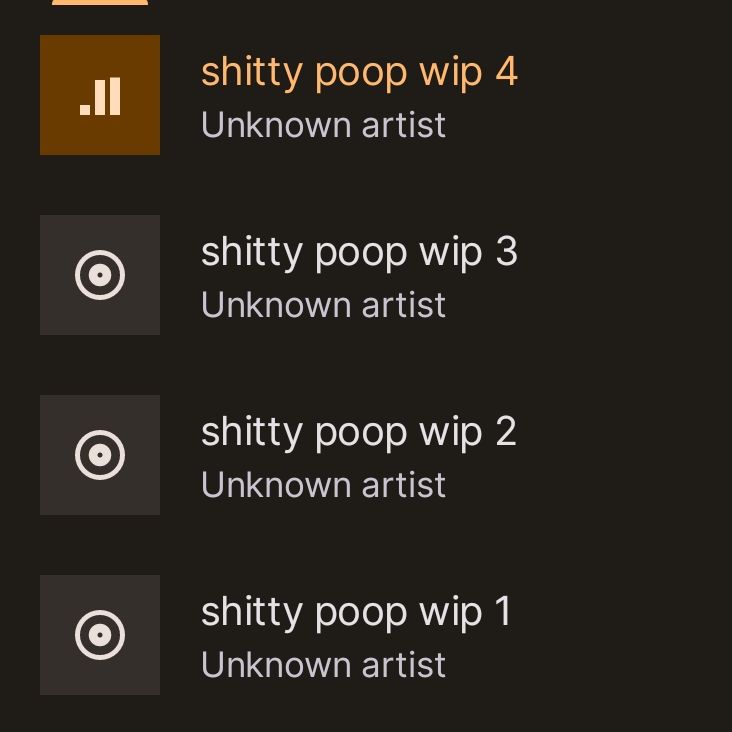 a list of audio tracks in a music player, labelled "shitty poop wip" 1 through 4, consecutively