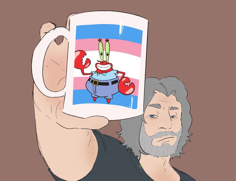 Drawing of Hank from Detroit become human holding up mug/cup with Mr Krabs from spongebob and trans flag on it.