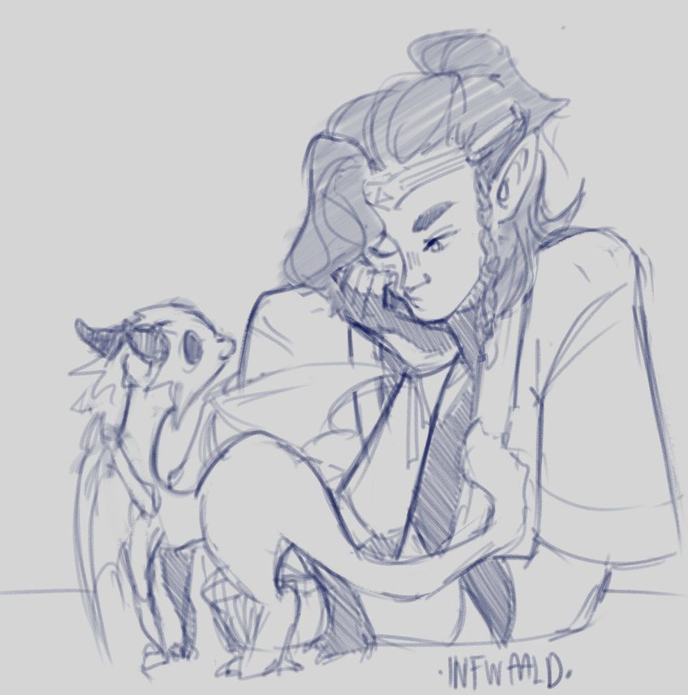 A sketch of a Fire Genasi (from D&D) looking at their baby copper dragon pet, which looks back at them.