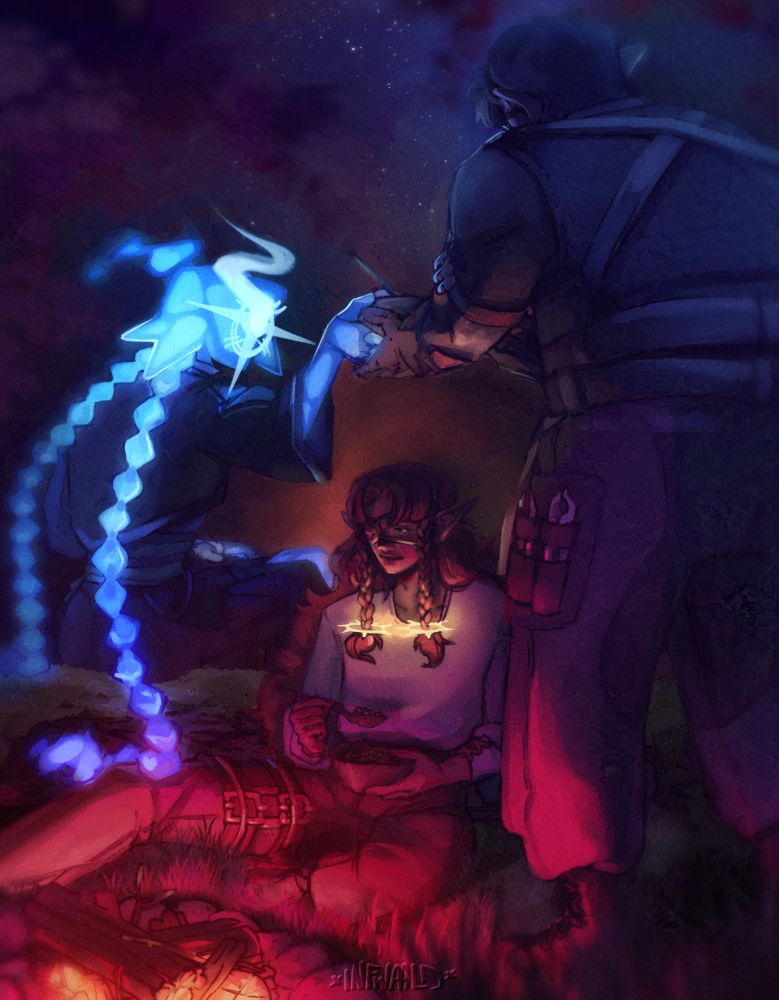 A digital drawing featuring three characters sitting near a campfire under the starry night in the forest. The character on the left (Mayu), who is made out of blue plasma and has 2 long braids, is handing a bowl to the character on the right (Hark). The character in the middle (Juno) is eating while looking at the campfire with a gentle smile. Mayu belongs to crowagenda, Juno and Hark belong to cetusjpg