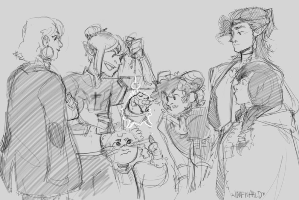 A sketch of a D&D party of 6, each uniquely reacting to a frog in the center of the piece. 