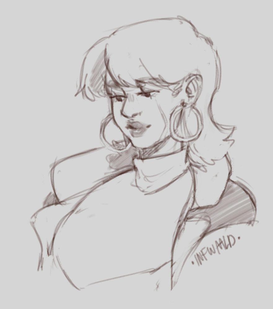 A sketch of a portrait of a human bard character (from D&D). They have shoulder-length light hair, big hoops in their ears, a scar going up from their jaw up to their cheekbone and dark lipstick. They're wearing a turtleneck and a coat over it. 