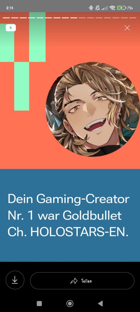 A screenshot from the YouTube wrapped, showcasing the main gaming creator 
(Translation: Your No. 1 Gaming creator was Goldbullet Ch. HOLOSTARS-EN.)