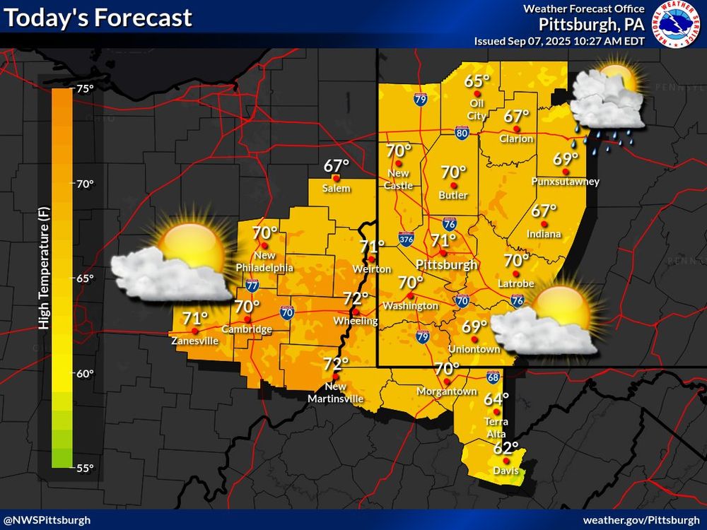 Todays forecast map with images of clouds and sun pictured over a map with forecast high temperature in the upper 60s to low 70s. A rain icon is displayed only over the I-80 corridor.