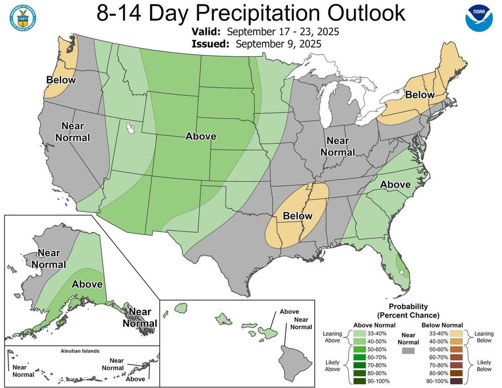 This graphic shows the precipitation outlook compared to climatology for Sept 17 - 23.