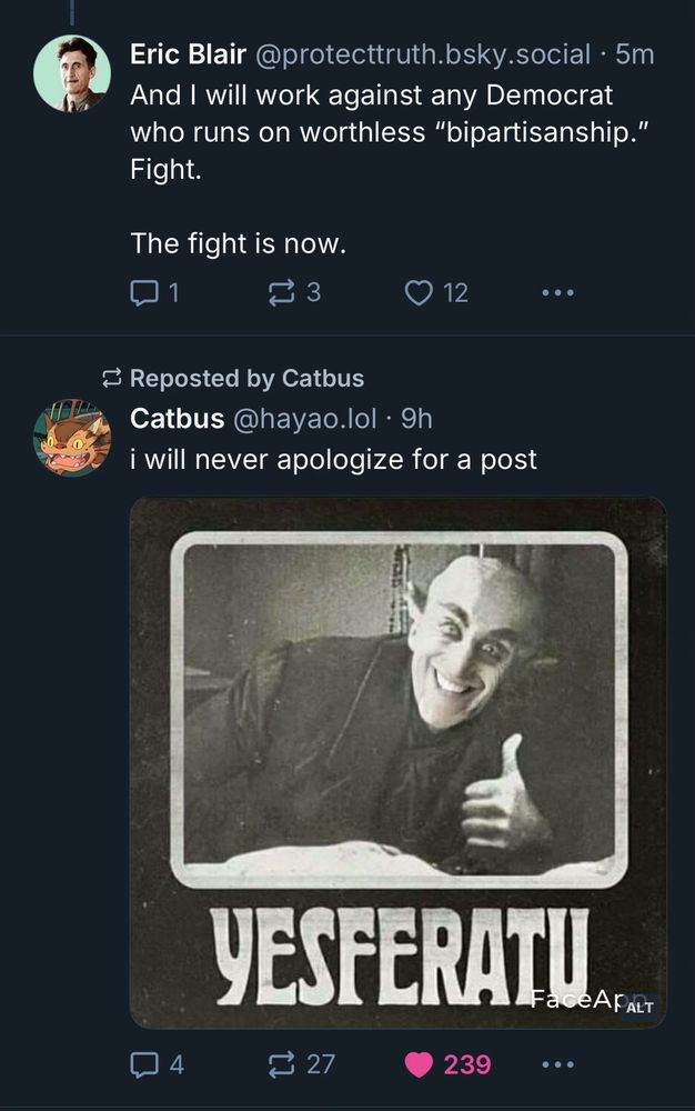 screenshot of the post I’m responding to (about Stephen Miller) followed by a Catbus post featuring a funny photo of Nosferatu.