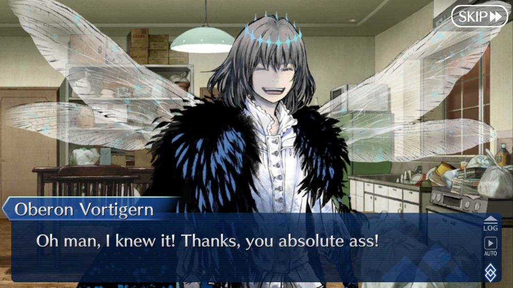 A character from the video game Fate Grand Order, Oberon Vortigern, is talking to the player. He is saying "Oh man, I knew it! Thanks, you absolute ass!"