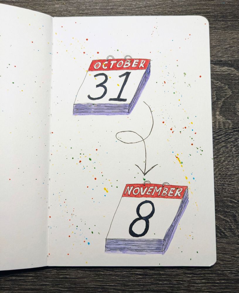 Watercolor painting of a desk calendar showing two dates of October 31 and November 8 with an arrow between the two. The calendars have the months in white on a red background and the day in black on a white background. The calendars are surrounded by multicolored paint splatter.