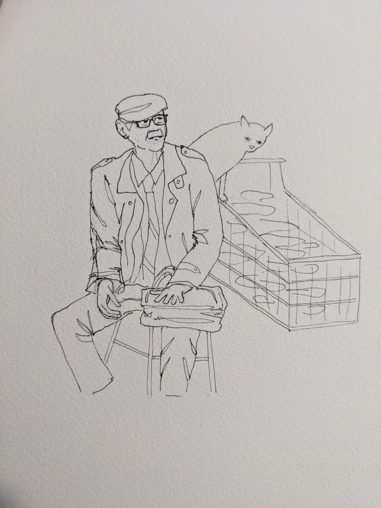 A pen sketch of an older man sitting on a stool next to a shopping cart full of books. There is a cat sitting behind the man on the edge of the shopping cart. The man is wearing an oversized jacket and a tie and has a soft briefcase resting on one knee.
