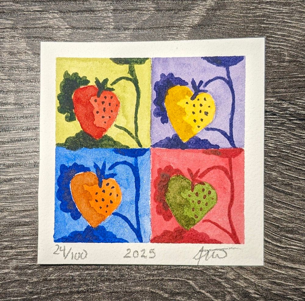 Watercolor of a pop art style piece of four strawberries painting in four quadrants using complimentary colors. From upper left clockwise, the colors used are red and green, yellow and purple, orange and blue, and green and pink.