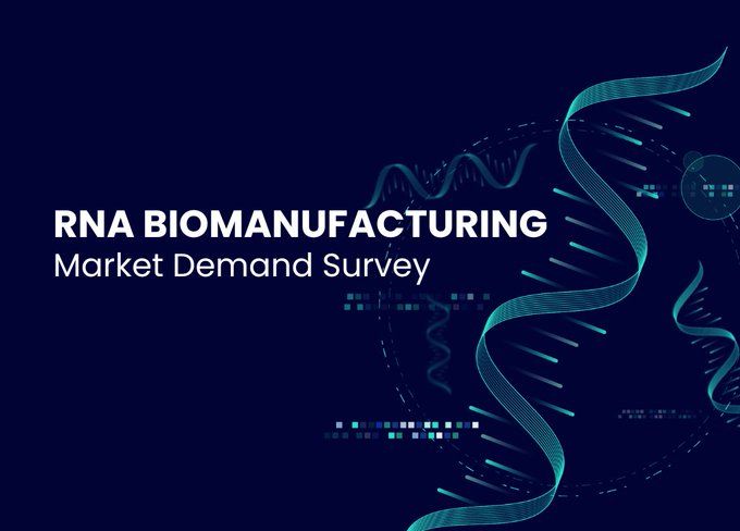 RNA Biomanufacturing Market Demand Survey. Abstract DNA shapes on a dark blue background. 
