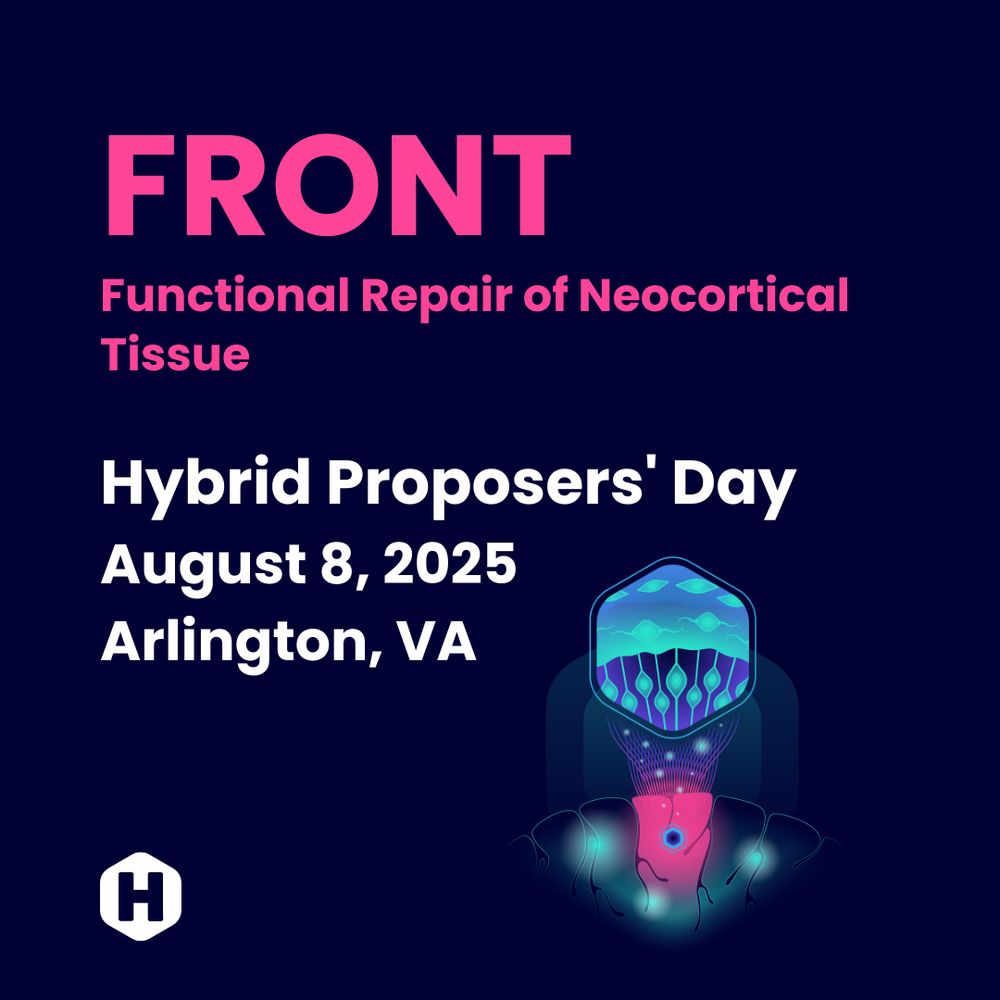 FRONT, Functional Repair of Neocortical Tissue. Hybrid Proposers’ Day, August 8, 2025, Arlington, VA on a dark blue background with digital illustration of the brain with a close up of the cortex and the ARPA-H logo. 