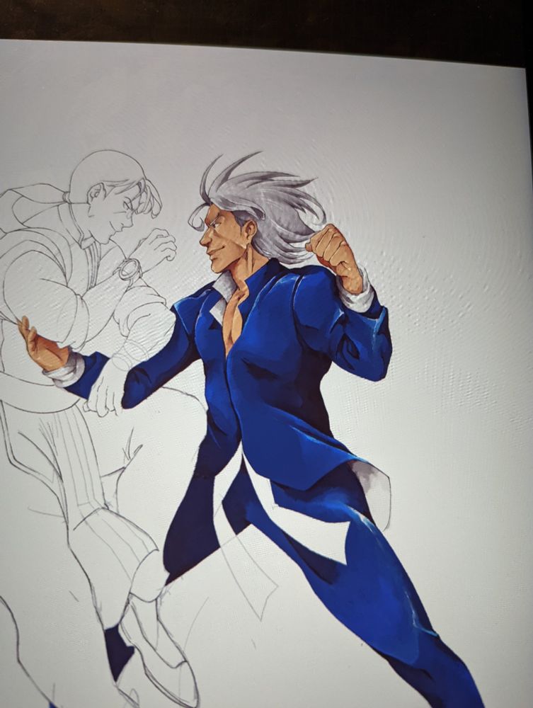 John Talbain from darkstalkers playfully fighting  Long from bloody roar. This is a work in progress and only Talbain is colored in with blue clothes, silver hair, and peach skin