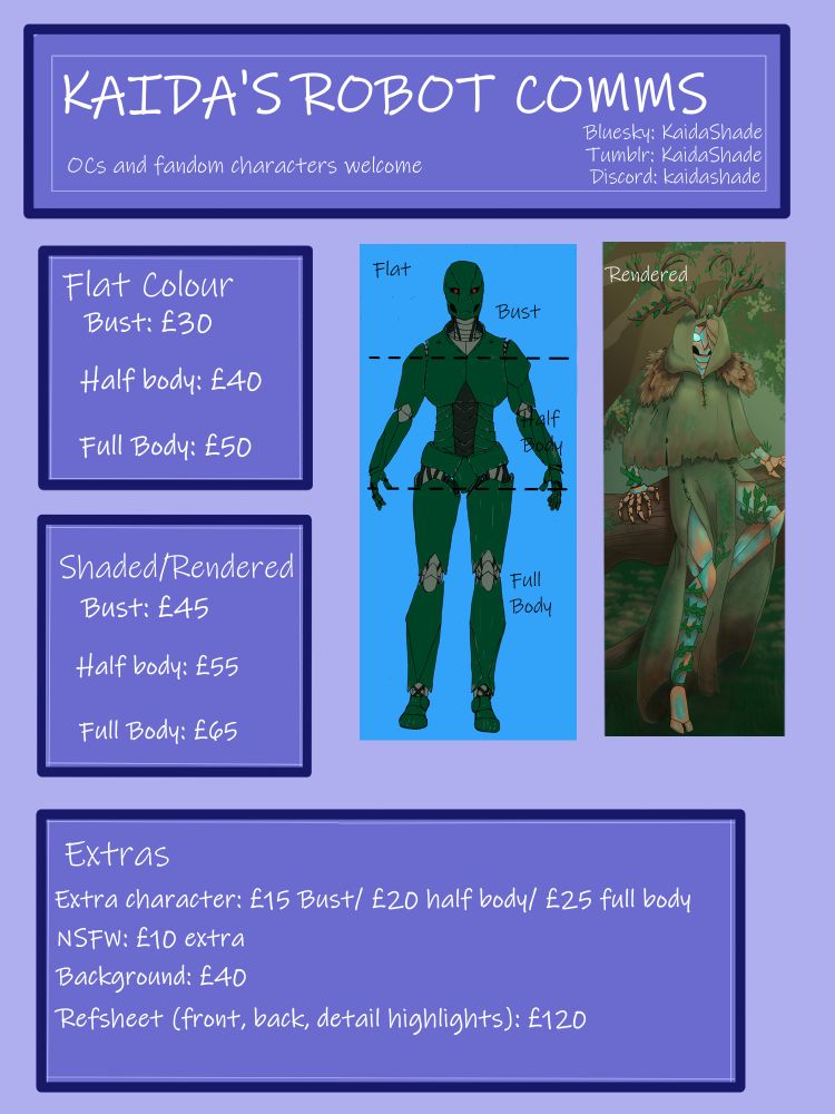 Pricing for commissions from me.  Flat colour ranges from £30-£50, shaded artwork from £45 to £65.  All prices in GBP.