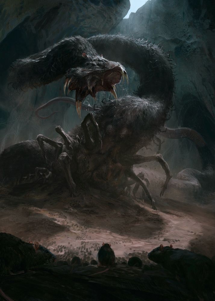 Giant rat-snake-centipede in a cave with a horde of rat minions