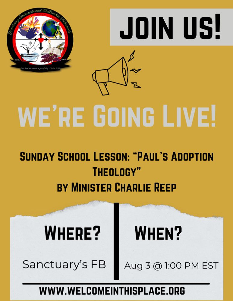 A flyer advertising a church service at Sanctuary Charlotte that will be held at 1 pm on August 3 in Gastonia, NC and streaming online