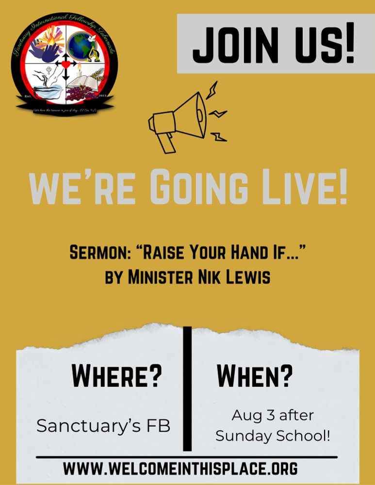 A flyer advertising a church service at Sanctuary Charlotte that will be held at 1 pm on August 3 in Gastonia, NC and streaming online. The sermon time will be announced later