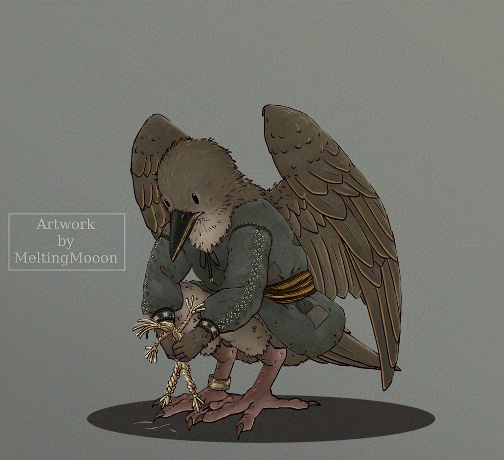 A digital drawing of a humanoid bird person. It's a fledgeling starling in brown plumage. They're wearing a green dress or shirt that is dirty and has been mended in many places. They're squatting on the floor and holding a selfmade straw doll in their tiny hands. They're looking at the doll with an empty expression. This is supported by their eyes just being two black dots instead of more realistic. There's a few straw bits on the floor below the doll. The Watermark says Artwork by MeltingMooon