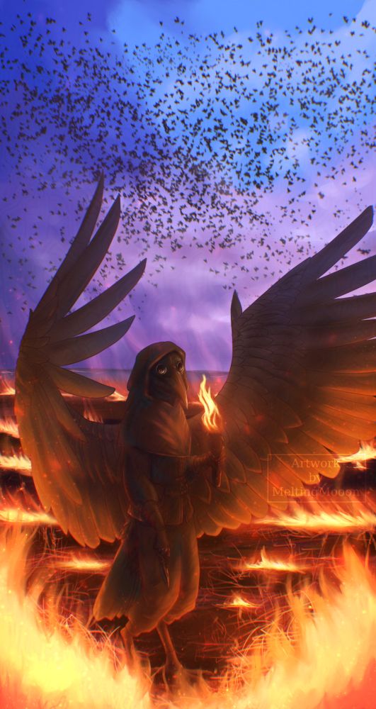 Digital drawing. A Birdperson with a plague doctor mask is looking at the viewer while holding a lit torch and standing in a burning field. Their posture is calm and their wings are spread. The flames reflect in the eyes of the mask. in their other hand they're holding a throwing knife. In the background many starlings are flying in the sky. It appears to be dusk and the sky has blue and purple hues.