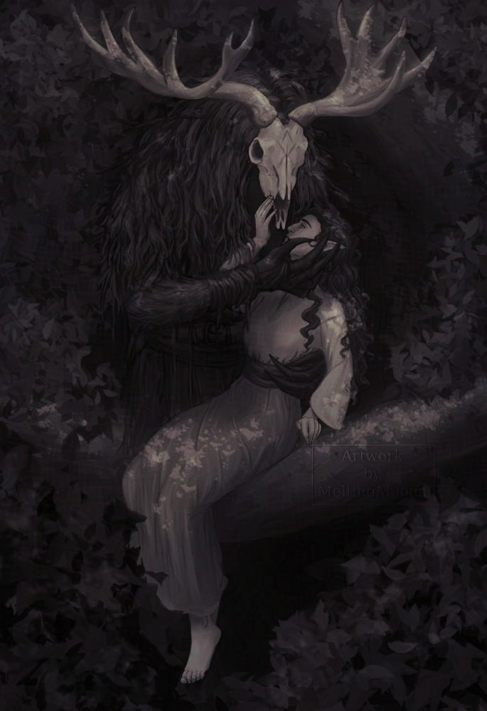 Digital drawing. Monochrome depiction of a woman sitting on a fallen tree trunk. A big creature is leaning over her while holding her waist and caressing her face. The creature has a goat skull with antlers for a head. It has long dark fingers and it's upper body is covered in tangled fur. The woman is reaching out and touching the creatures skull face. 