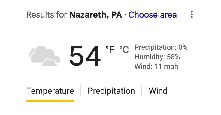Weather in Nazareth, PA is cloudy and 54 degrees