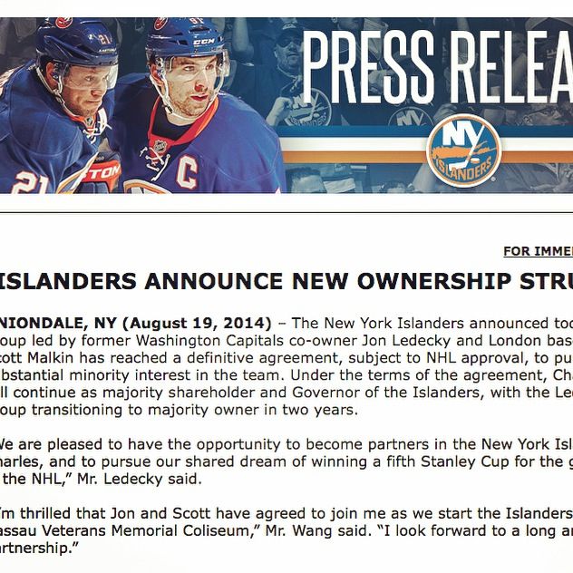 August 19, 2014 the #isles announced that Ledecky and Malkin were buying the New York Islanders