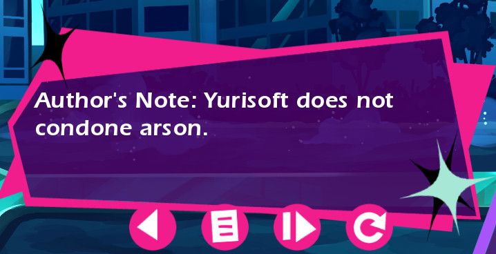 A textbox that says "Author's Note: Yurisoft does not condone arson"