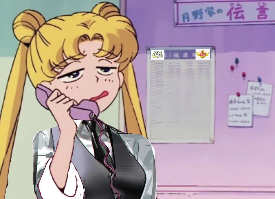 A picture of Usagi from Sailor Moon with a grey suit photophopped onto her. She's holding a pink phone and has an exacerbated expression. There are a few posters pinned on the wall behind her, some of them have the SM and heart logos from Sailor Moon added to them.