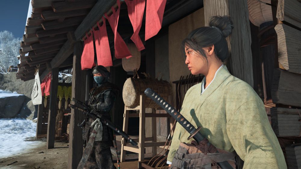Ninja Atsu and a girl with a katana chilling by a wooden house