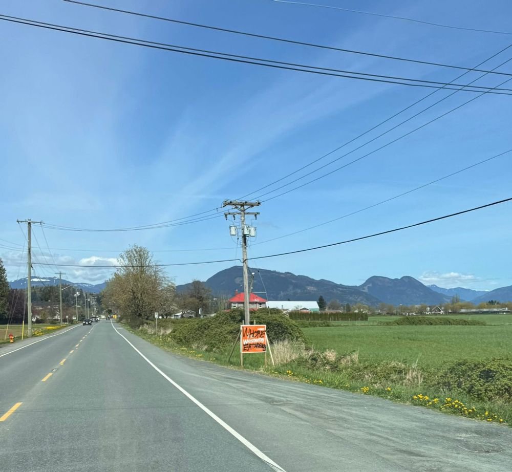 Roadside view in rural Chilliwack, British Columbia, with a defaced handmade campaign sign for NDP candidate Teri Westerby. The orange sign is placed near a power pole by a field with mountains in the background. It is vandalized with the word “WHORE” scrawled across the top and “EATS PENIS” written below in black marker.