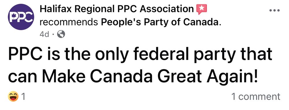 A review on Facebook where Halifax Regional PPC Association recommends People's Party of Canada. The review reads: “PPC is the only federal party that can Make Canada Great Again!”