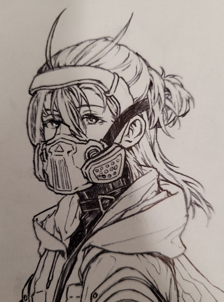 a portrait of my Cyberpunk Red OC, Mayfly, with his heavy-duty smog mask.