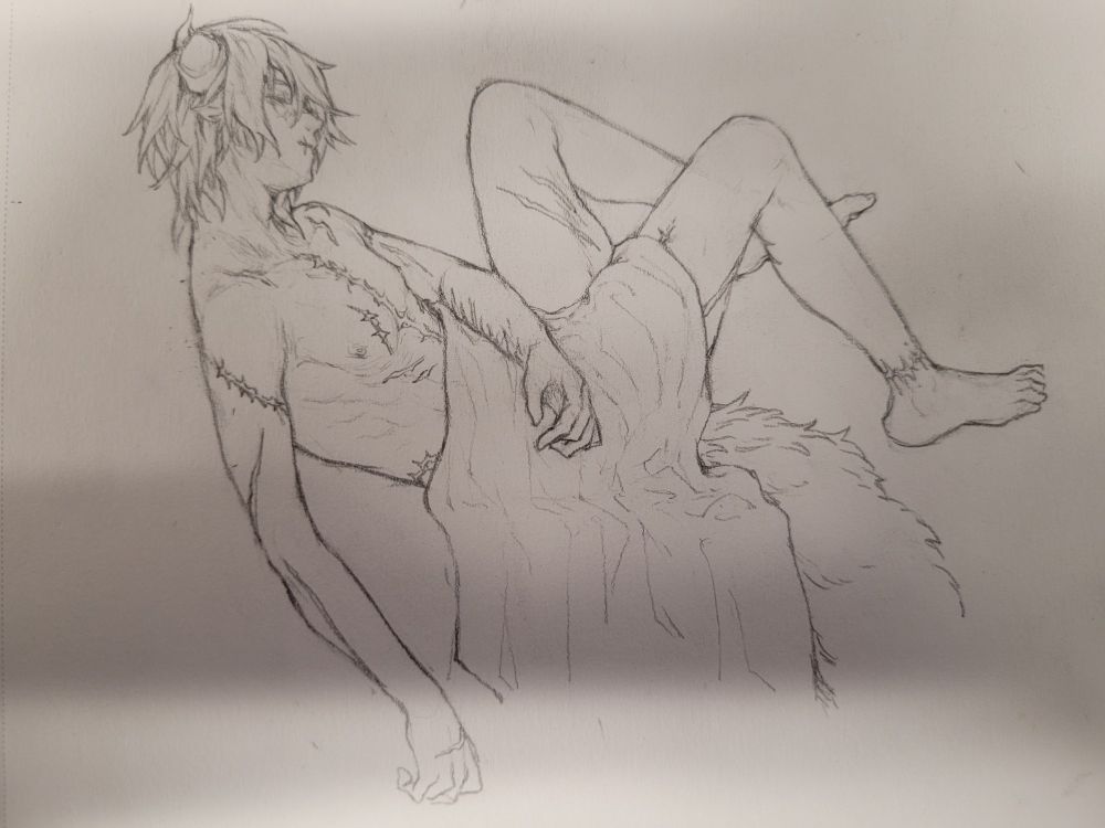 A pencil sketch of my OC Flint, in a sleeping pose. He is a tiefling with furred ears and tail and broken horn. He was naked, with only a blanket over his stomach area, showing many scars across his entire body.