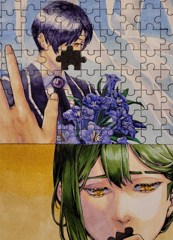 Consists of two drawings. The one above depicted a painted over jigsaw puzzle depicting Yesod from Library of Ruina, holding a bouquet of gentian flowers, and a slender hand over it. The puzzle piece that has his mouth and nose was missing. The drawing below depicts a close-up of Netzach's face against a faded golden background. He was holding a puzzle piece against his lips, and looking downward with a wistful, longing expression.