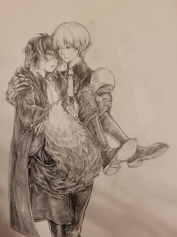 An expressionless boy with short, neatly cut white hair, wearing a black suit with metal pauldron and gauntlets is bridal carrying another black-haired boy with a scar across his face, looking at the camera with a glazed, blushing expression. The boy being carried has furry ears that blended into his shoulder-length hair, and broken black horns atop his head. He wore a black hooded coat with a slashed open undershirt, revealing a vertical scar on his chest, along with dark-colored pants and leather boots. His tail, fuzzy and dark with the tip faded into a lighter color, curls upward, obscuring his rear.